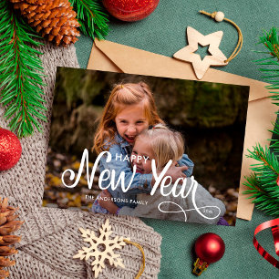 Elegant Modern Happy New Year 3 Photos Script  Hol Holiday Card