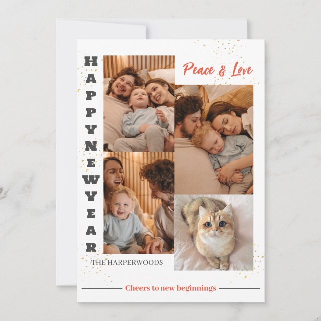 Elegant Modern Happy New Year 4 Multi Photo Holiday Card (Front)