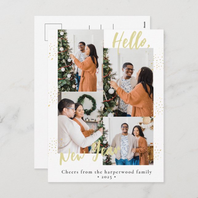 Elegant Modern Happy New Year 4 Multi Photo Holiday Postcard (Front/Back)