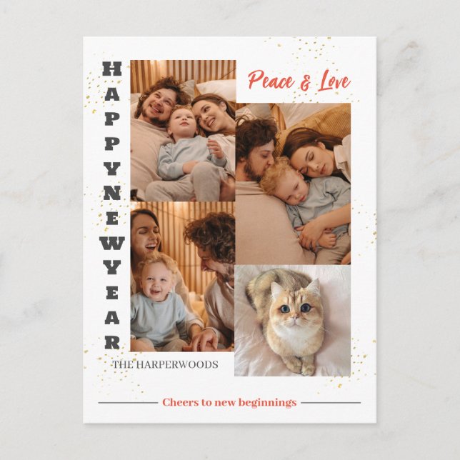 Elegant Modern Happy New Year 4 Multi Photo Holiday Postcard (Front)