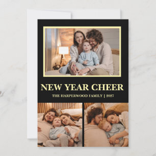 Elegant Modern Happy New Year Black 3 Collage Holiday Card