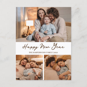 Elegant Modern Happy New Year Black 3 Collage Holiday Postcard