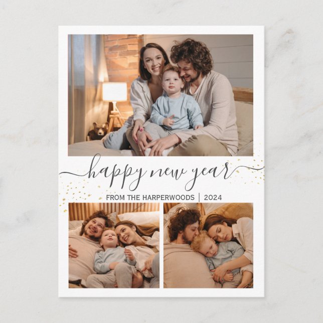 Elegant Modern Happy New Year Black 3 Collage Holiday Postcard (Front)