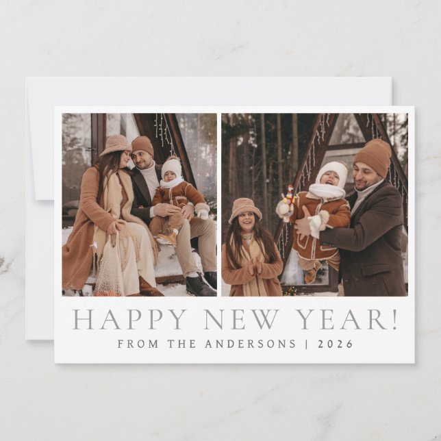 Elegant Modern Happy New Year Family 2 Photo Holiday Card (Front)