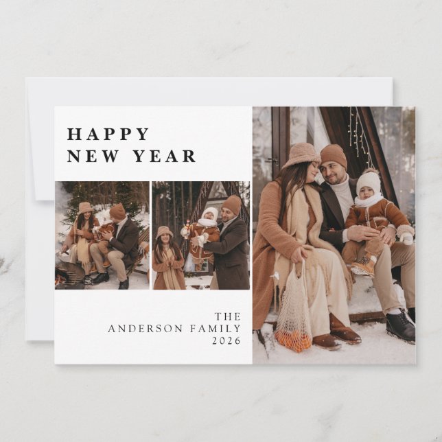 Elegant Modern Happy New Year Family 3 Photo  Holiday Card (Front)
