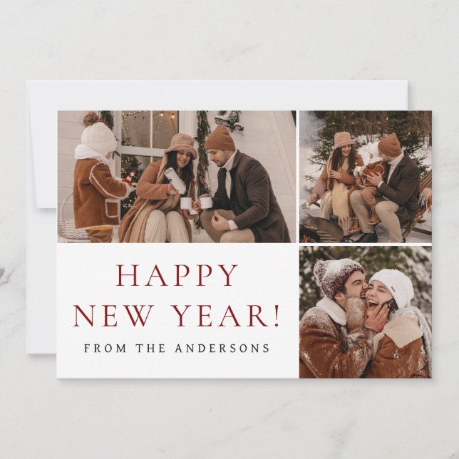 Elegant Modern Happy New Year Family 3 Photo  Holiday Card (Front)