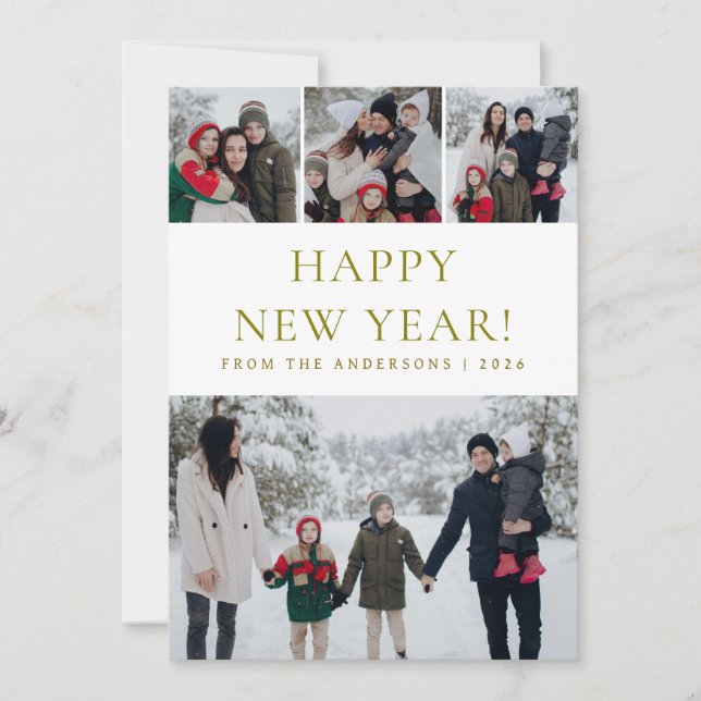 Elegant Modern Happy New Year Family 4 Photo Holiday Card (Front)