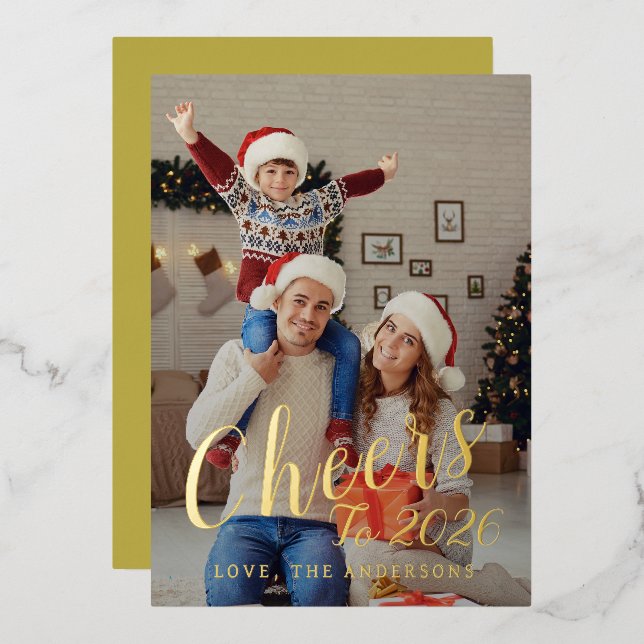 Elegant Modern Happy New Year Family Photo Foil Holiday Card (Front/Back)