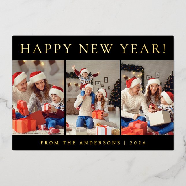 Elegant Modern Happy New Year Family Photo Foil Holiday Card (Front)