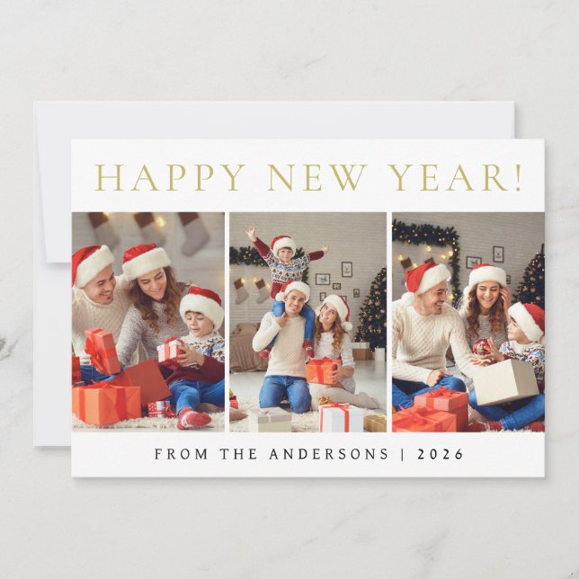 Elegant Modern Happy New Year Family Photo Holiday Card (Front)