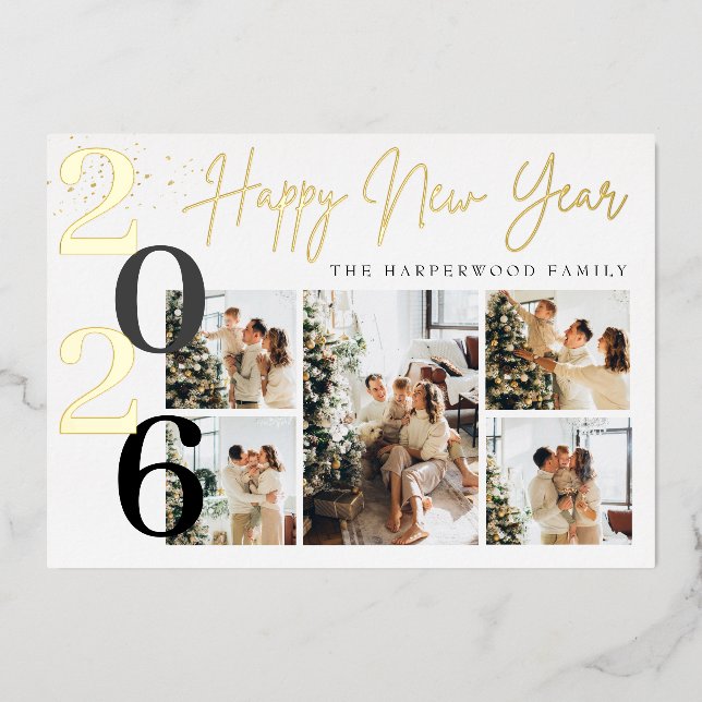 Elegant Modern Happy New Year Photo Collage Foil Holiday Card (Front)