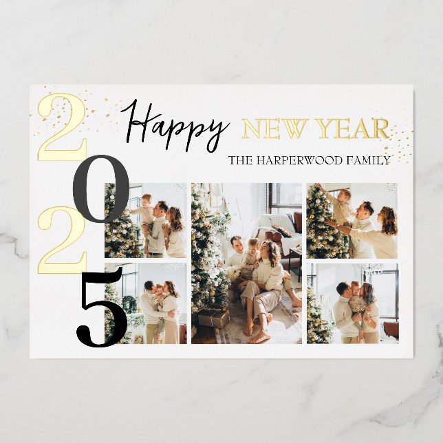 Elegant Modern Happy New Year Photo Collage Foil Holiday Card (Front)