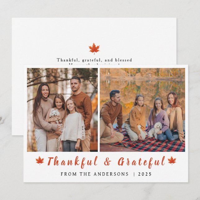 Elegant Modern Happy Thanksgiving Autumn 2 Photo Holiday Card (Front/Back)
