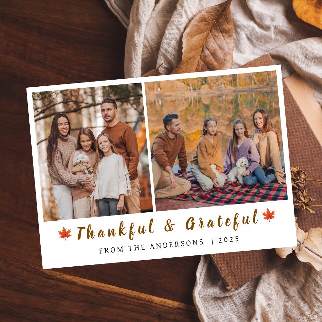 Elegant Modern Happy Thanksgiving Autumn 2 Photo Holiday Card (Creator Uploaded)