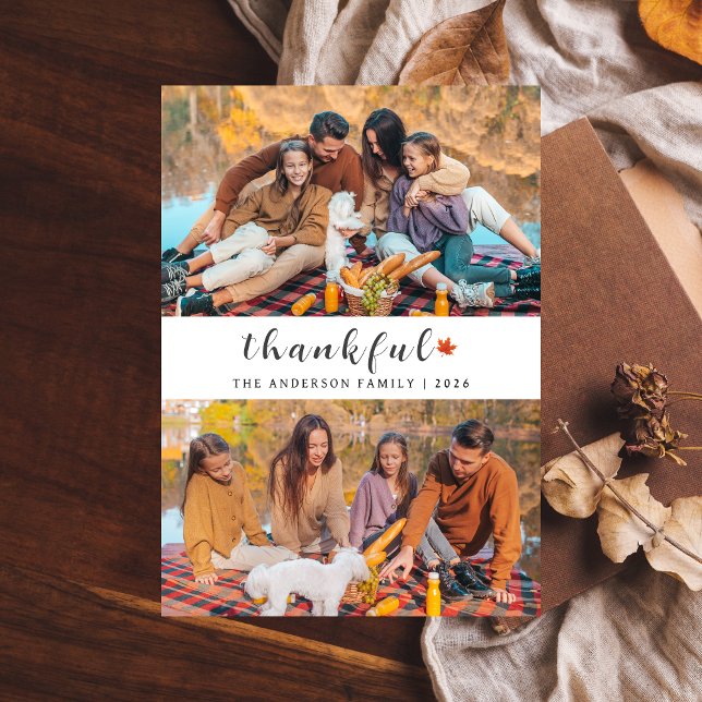Elegant Modern Happy Thanksgiving Autumn 2 Photo Holiday Card (Creator Uploaded)