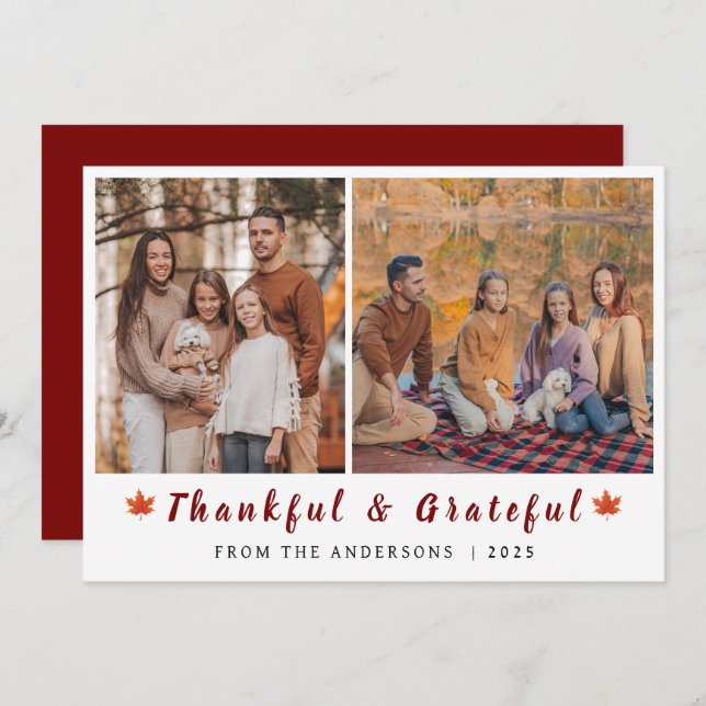 Elegant Modern Happy Thanksgiving Autumn 2 Photo Holiday Card (Front/Back)