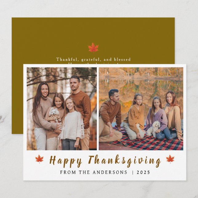Elegant Modern Happy Thanksgiving Autumn 2 Photo Holiday Card (Front/Back)