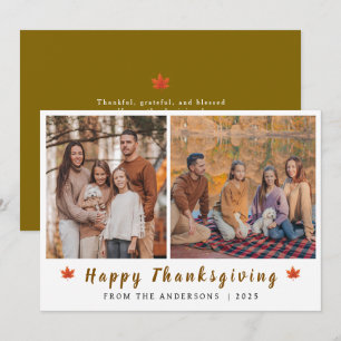 Elegant Modern Happy Thanksgiving Autumn 2 Photo Holiday Card