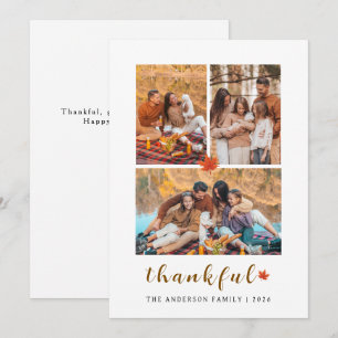 Elegant Modern Happy Thanksgiving Autumn 3 Photo Holiday Card