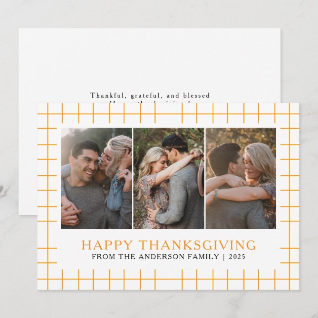 Elegant Modern Happy Thanksgiving Autumn 3 Photo Holiday Card (Front/Back)