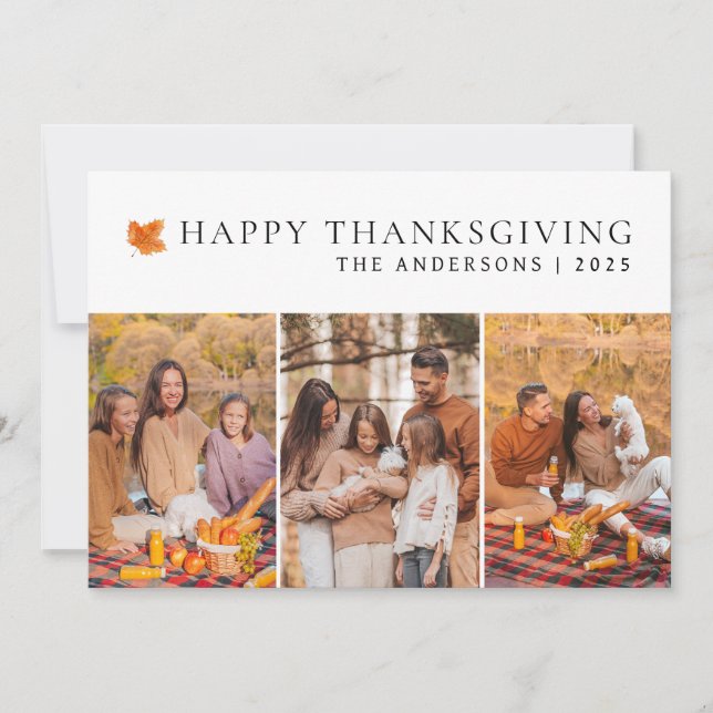 Elegant Modern Happy Thanksgiving Autumn 3 Photo Holiday Card (Front)