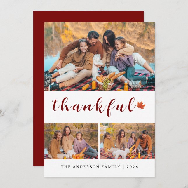 Elegant Modern Happy Thanksgiving Autumn 3 Photo Holiday Card (Front/Back)