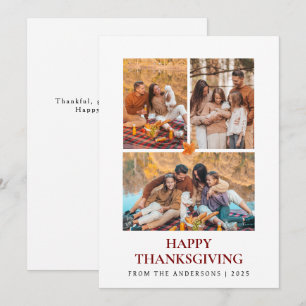 Elegant Modern Happy Thanksgiving Autumn 3 Photo Holiday Card