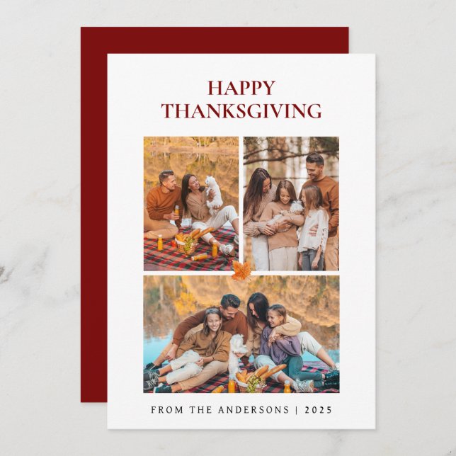Elegant Modern Happy Thanksgiving Autumn 3 Photo Holiday Card (Front/Back)