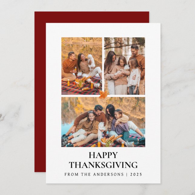 Elegant Modern Happy Thanksgiving Autumn 3 Photo Holiday Card (Front/Back)