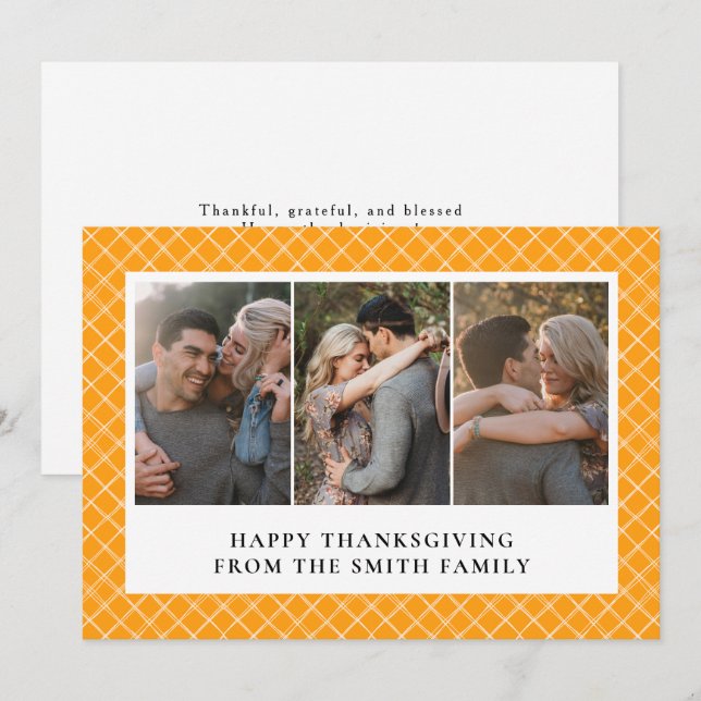 Elegant Modern Happy Thanksgiving Autumn 3 Photo Holiday Card (Front/Back)