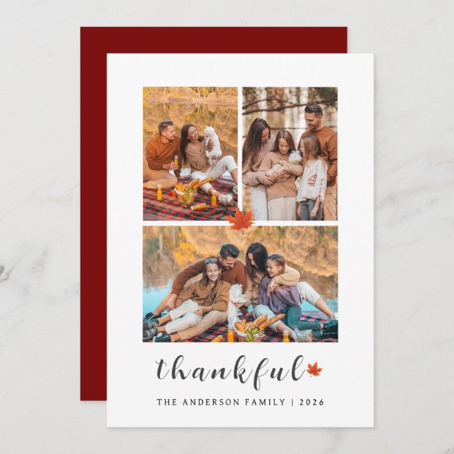 Elegant Modern Happy Thanksgiving Autumn 3 Photo Holiday Card (Front/Back)