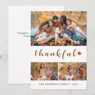 Elegant Modern Happy Thanksgiving Autumn 3 Photo Holiday Card