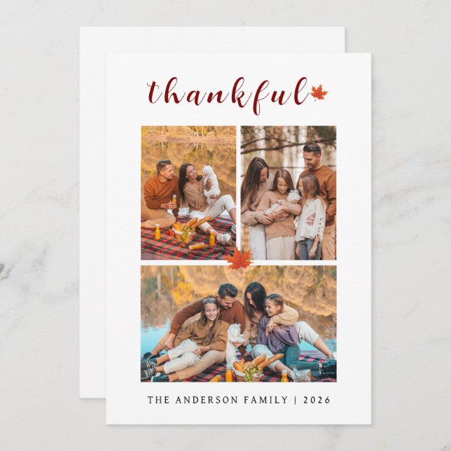 Elegant Modern Happy Thanksgiving Autumn 3 Photo Holiday Card (Front/Back)