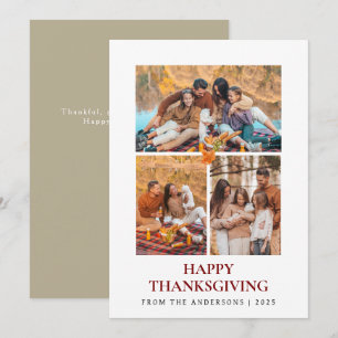 Elegant Modern Happy Thanksgiving Autumn 3 Photo Holiday Card
