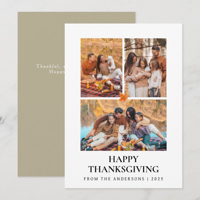 Elegant Modern Happy Thanksgiving Autumn 3 Photo Holiday Card (Front/Back)