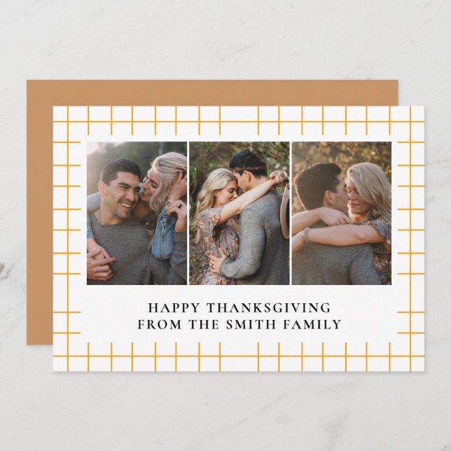 Elegant Modern Happy Thanksgiving Autumn 3 Photo Holiday Card (Front/Back)
