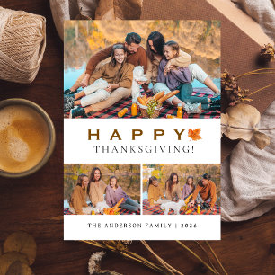 Elegant Modern Happy Thanksgiving Autumn 3 Photo Holiday Card