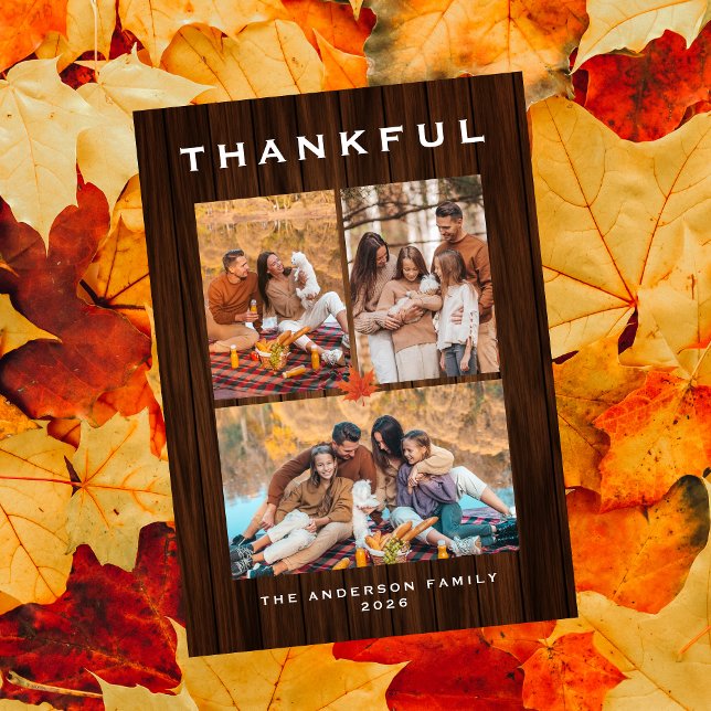 Elegant Modern Happy Thanksgiving Autumn 3 Photo Holiday Card (Creator Uploaded)
