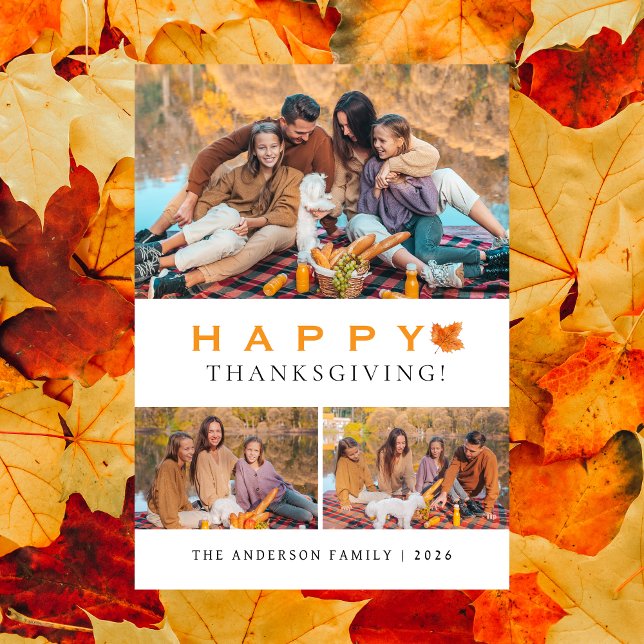 Elegant Modern Happy Thanksgiving Autumn 3 Photo Holiday Card (Creator Uploaded)