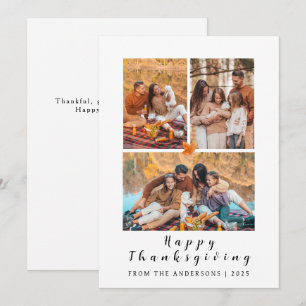 Elegant Modern Happy Thanksgiving Autumn 3 Photo Holiday Card
