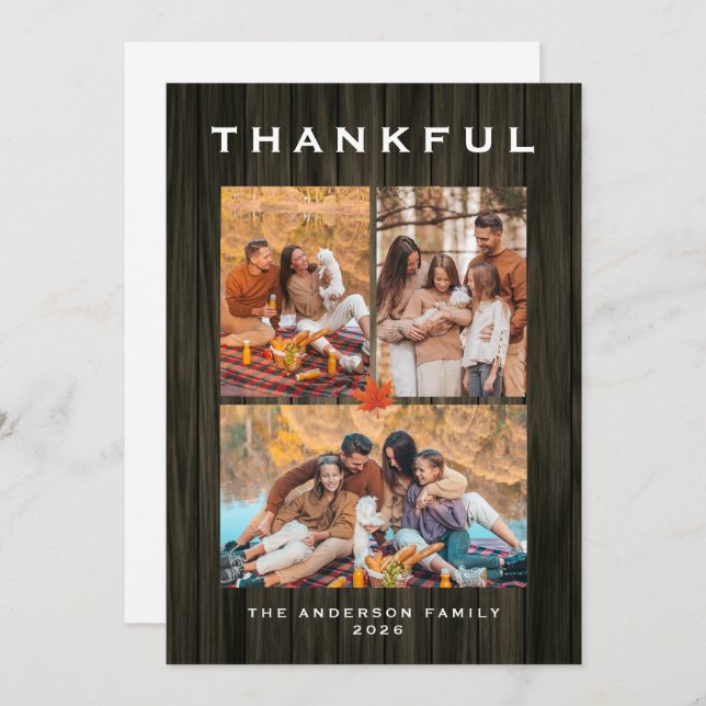 Elegant Modern Happy Thanksgiving Autumn 3 Photo Holiday Card (Front/Back)