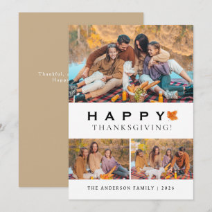 Elegant Modern Happy Thanksgiving Autumn 3 Photo Holiday Card