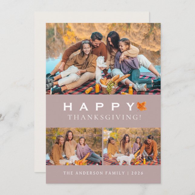 Elegant Modern Happy Thanksgiving Autumn 3 Photo Holiday Card (Front/Back)
