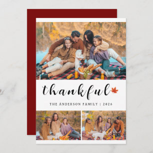 Elegant Modern Happy Thanksgiving Autumn 3 Photo Holiday Card