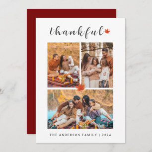 Elegant Modern Happy Thanksgiving Autumn 3 Photo Holiday Card