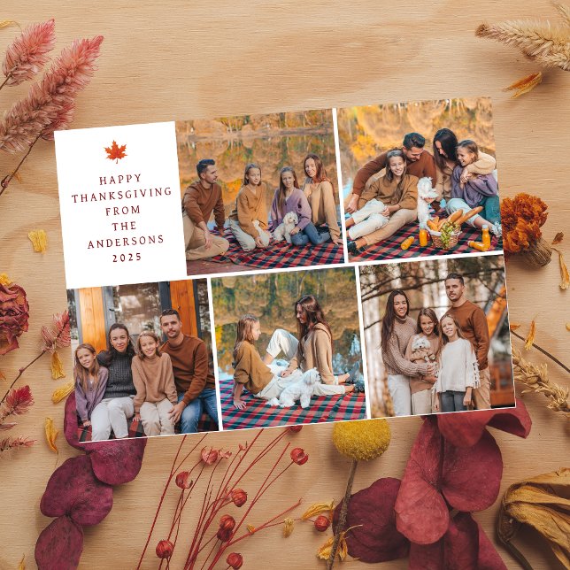 Elegant Modern Happy Thanksgiving Autumn 5 Photo Holiday Card (Creator Uploaded)