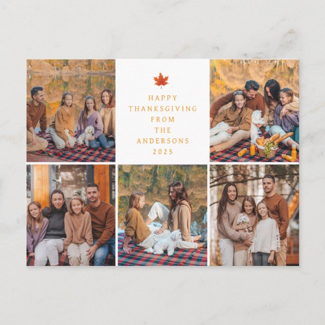 Elegant Modern Happy Thanksgiving Autumn 5 Photo Holiday Postcard (Front)