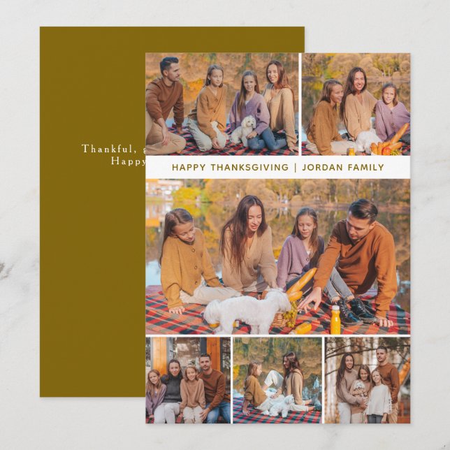 Elegant Modern Happy Thanksgiving Autumn 6 Photo Holiday Card (Front/Back)