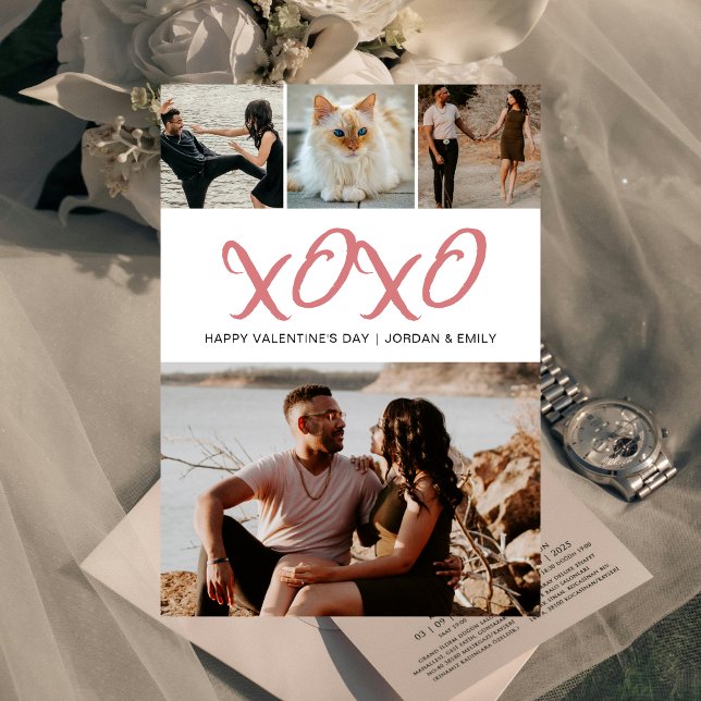 Elegant Modern Happy Valentine's Day 4 Photo Holiday Card (Creator Uploaded)