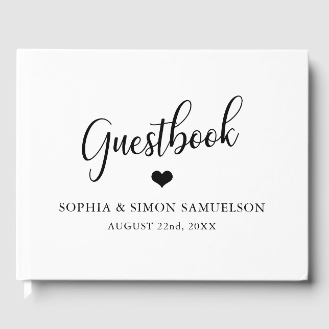 Elegant Modern Heart Black & White Wedding Guest Book (Front)